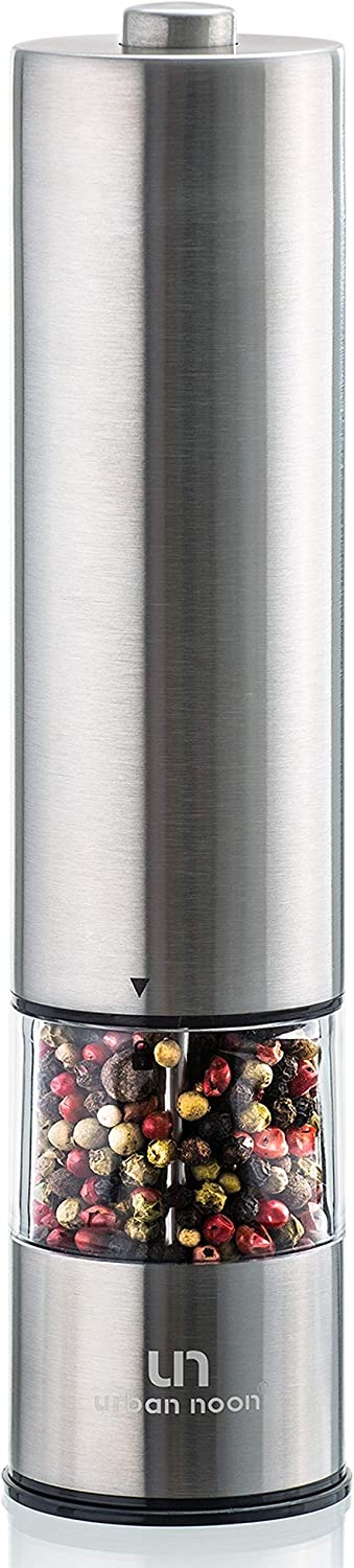 Electric Pepper Grinder or Salt Grinder - Battery Operated Stainless Steel Pepper Mill with Light - One Handed Operation - Adjustable Ceramic Grinder
