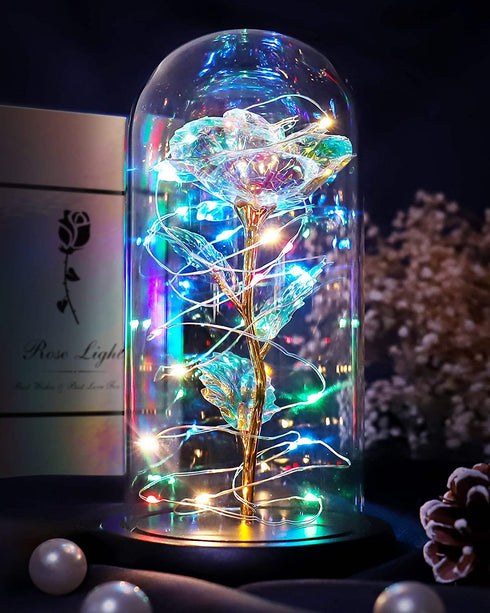 Rainbow Forever Rose Gifts for Women, Galaxy Glass Rose Flower Gift, Light Up Rose Light Birthday Christmas Unique Gifts, Artificial Flowers, Mothers Personalized Gifts Valentines Day Gifts for Her