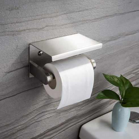 YIGII Toilet Paper Holder with Shelf - Stainless Steel Toilet Roll Holder Self Adhesive or Wall Mounted for Bathroom