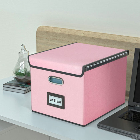 Collapsible File Storage Organizer Boxes with Lids, Huolewa Linen Document Storage, Universal Hanging Filing Organization Box for Letter/Legal Folder, Decorative Office /Home File Bins - Pink (2 Pack)