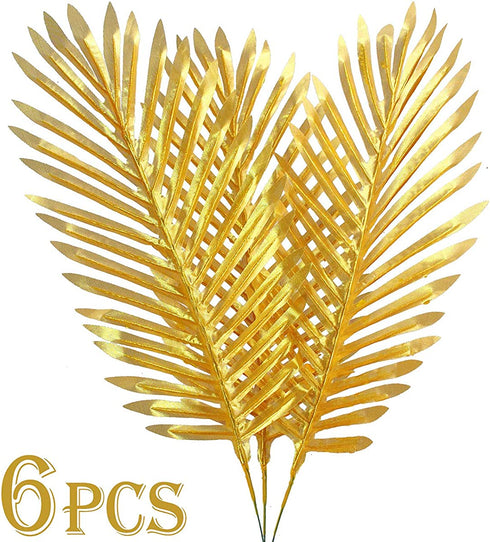 6PCS Artificial Palm Plants Leaves Imitation Leaf Artificial Plants Faux Fake Tropical Large for Home Arrangement Jungle Birthday Party Wedding Decoration Supplies (20" Golden Palm Leaves)