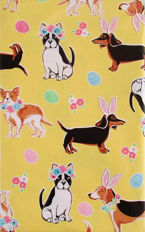 Mainstream Happy Easter with Dogs Vinyl Flannel Back Tablecloth (Yellow, 60inch Round)
