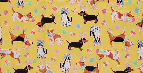 Mainstream Happy Easter with Dogs Vinyl Flannel Back Tablecloth (Yellow, 60inch Round)