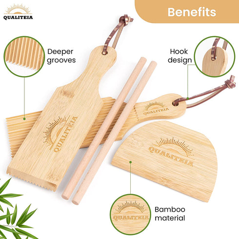 Gnocchi Board Set for Rolling Dough - 2 Pcs Paddles 2 Pcs Rollers 1 Pc Cutter - Bamboo Authentic Pasta Shaper Tools Butter Maker - Garganelli Cavatelli Tortellini Cavarola Roller - Great Cutlery Gift