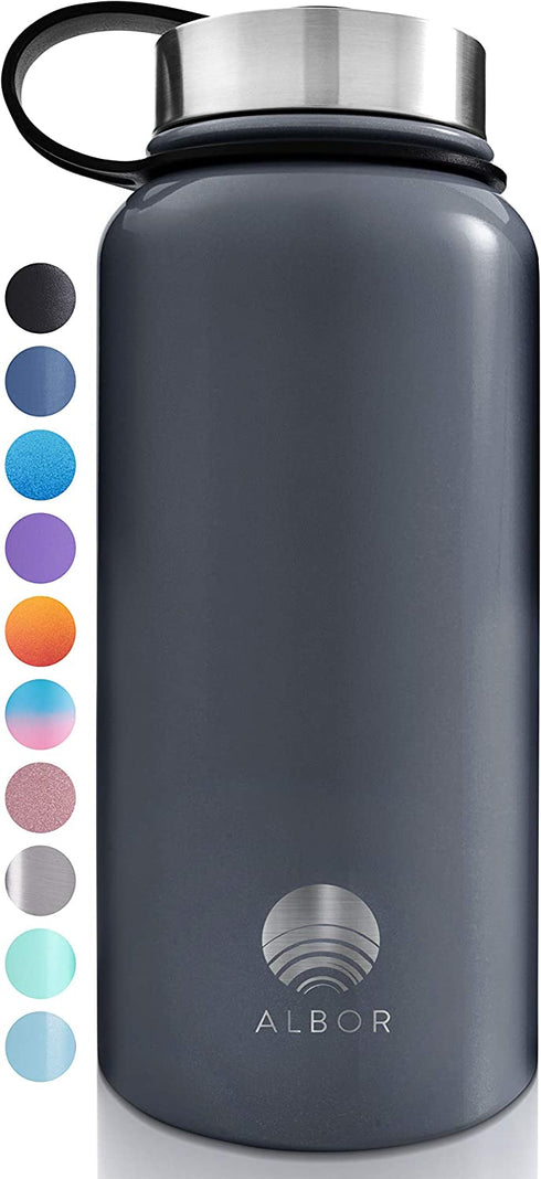 ALBOR Insulated Water Bottle with Straw - 32 oz Water Bottles - Triple Insulated Stainless Steel Water Bottles with 4 Leak-Proof Lids and 2 Straws. Reusable Water Bottle, Graphite