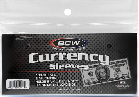 BCW US Currency Clear Sleeves for Regular Bills, 2-MIL Thickness, 6-1/4" x 2-5/8" (100-Count)