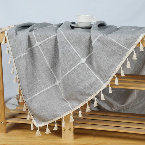 Cotton Linen Tablecloth, Lattice Embroidery Table Cloth, Farmhouse Checkered Fringed Tassel Tablecloths, Wrinkle Free Table Cover for Kitchen Dinning Picnic Party, Grey, Rectangle 54 x 120 inch