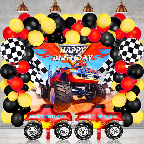 75 Pieces Monster Truck Party Supplies Monster Truck Balloons Decoration Set Including 1 Monster Truck Themed Backdrop 2 Monster Truck Balloons 2 Mosaic Race Foil Balloons and 70 Multicolor Balloons