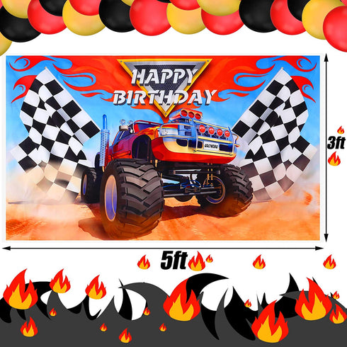 75 Pieces Monster Truck Party Supplies Monster Truck Balloons Decoration Set Including 1 Monster Truck Themed Backdrop 2 Monster Truck Balloons 2 Mosaic Race Foil Balloons and 70 Multicolor Balloons