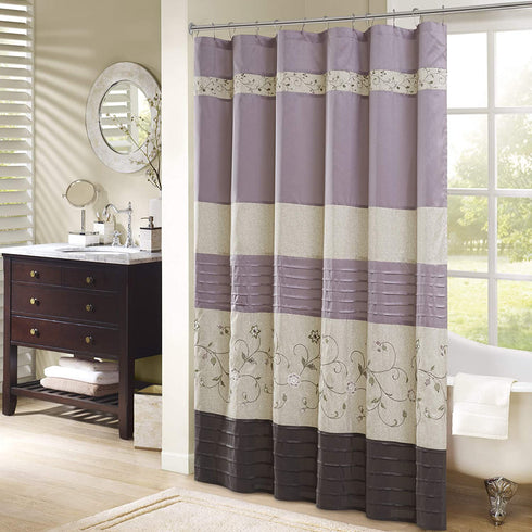 Serene Flora Fabric Shower Curtain , Embroidered Transitional Shower Curtains for Bathroom , 72 X 72 , Purple
