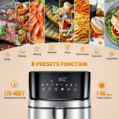 Air Fryer, 6 Quart Air Fryer Oven, Air Fryer Oven Cooker with Recipes, 8 Preset Menus Electric Hot Air Fryers Oven Oilless Cooker with LCD Digital Screen for Baking, Roasting, Dehydrating, with Accessories Black