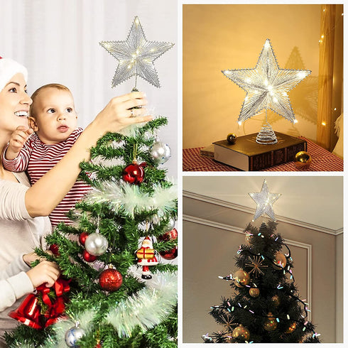 Roylvan Star Tree Topper, Glitter Christmas Star Tree Top Light, Battery Powered Decorative Treetop Light Xmas Tradition Tree Ornament for Home Decor, 9.8 x 11.8 inch, Silver