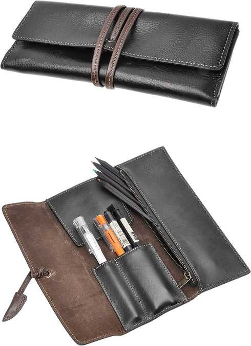 ZLYC Handmade Leather Pencil Pouch Pen Case Soft Roll Up Wrap Pencil Bag Stationery Gift (Black)