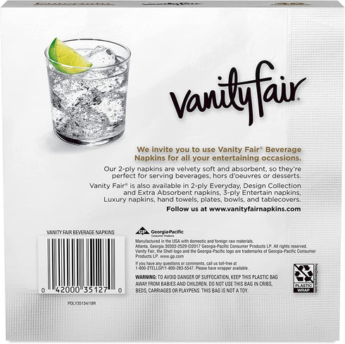 Vanity Fair Entertain Paper Napkins, 320 3-Ply Disposable Napkins, Dinner Size (8 packs of 40 Napkins)