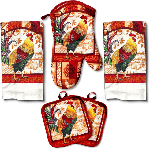 Farm Rooster Kitchen Decor Linen Set Includes 2 Dish Towel 2 Pot Holders 1 Oven Mitt | Kitchen Towel Set For Cooking, Baking, Housewarming and Kitchen Decoration (Set of 5 Piece)