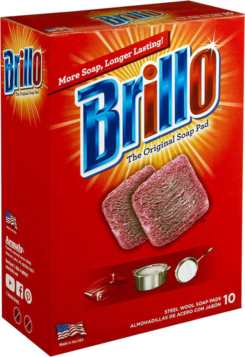 Brillo Steel Wool Soap Pads, Long Lasting, Original Red Scent Cleaning (10 Count, Pack of 1)