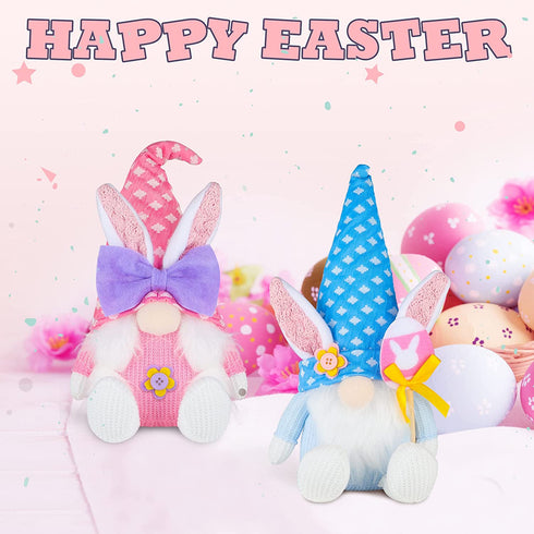 2PCS Bunny Easter Gnome Plush Easter Decorations Handmade Rabbit Dolls Easter Gifts for Kids Elf Home Ornaments for Living Room Easter Table Decor Spring Holiday Decor 14 Inches Pink and Blue