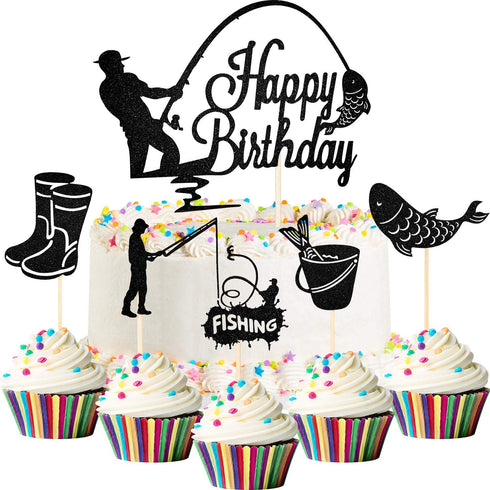 41 Pieces Gone Fishing Cupcake Topper Happy Birthday Cake Topper Fisherman Cake Decoration Fish Topper Picks Glitter for Men Boy Birthday Fishing Theme Party Supplies (Black)