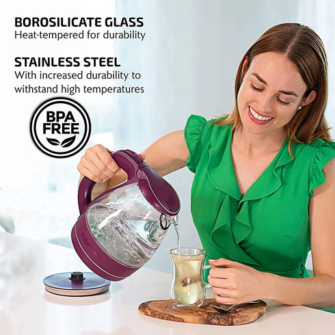 Ovente Electric Kettle Hot Water Boiler 1.5 Liter BPA Free Borosilicate Glass Fast Boiling Countertop Heater with Automatic Shut Off & Boil Dry Protection for Tea Coffee Milk Noodle, Purple KG83P