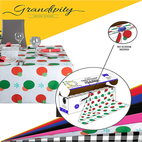 Red and Green Snow Flake Holiday Premium Disposable Plastic Picnic Tablecloth on a Roll 54 Inch. x 100 Ft. with Self Cutter Box, Decorative Table Cover by Grandipity