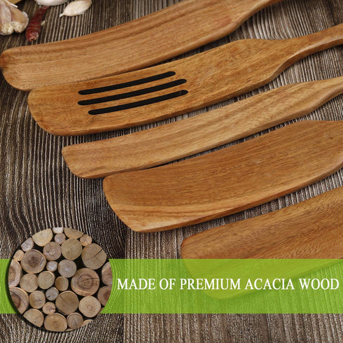 Wood Spurtles Kitchen Set, Acacia Wooden Kitchen Utensil Set,Wood Cooking Utensil, 100% Healthy Hard And Durable Wood Kitchen Utensils For Salad Stir, Cake Make And Pan-Fried Steak (5)