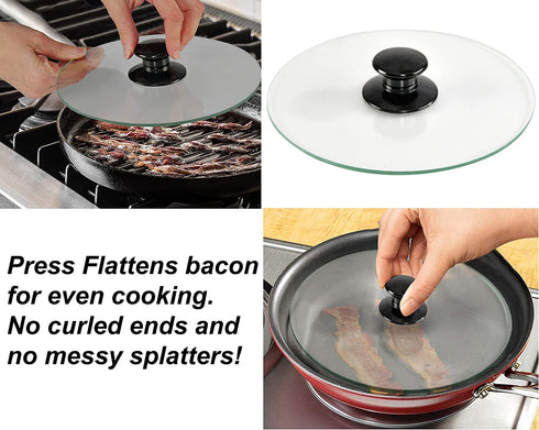 Home-X - Bacon and Eggs Cookware Set Includes Two Stainless Steel Egg Rings and Clear Tempered Glass Bacon Press