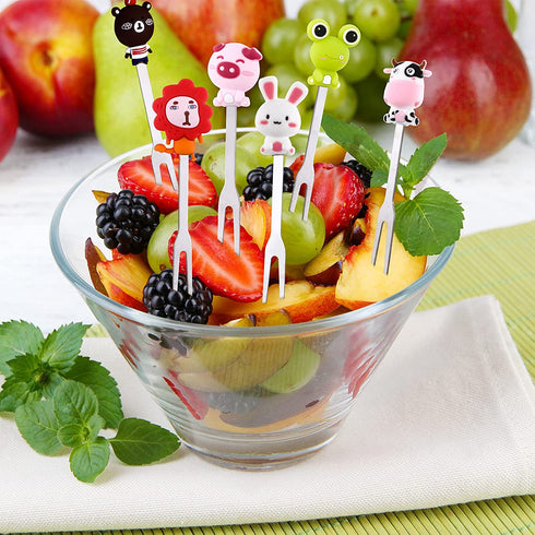 12 Pcs Fruit Picks for Kids 2 Sets Fruit fork Kids Toothpicks for Food Stainless Steel Bento Picks Cute Cartoon Animal Fruit Forks with Silicone Handles and Ceramic Storage Jars for kids (Cute Style)