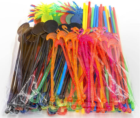 Bar Caddy Supplies (120 Pack) Assorted Swizzle Sticks / Drink Stirrers (24 of Each Design) Disposable Flexible Drinking Straws in 2 Sizes Small Bar Party Supply Refill Pack for Bar Organizer