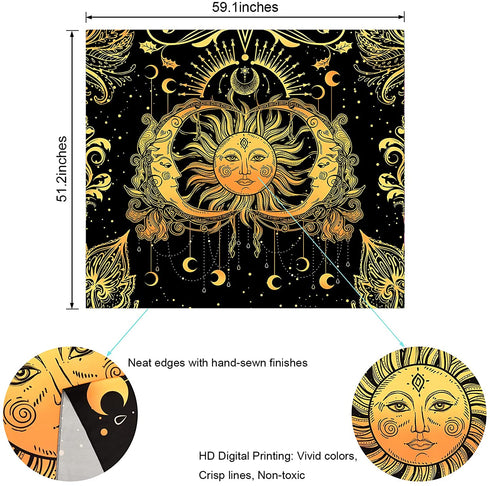 Sun and Moon Tapestry Stars Tapestry Black and Gold Wall Tapestry Psychedelic Moon Tapestry Trippy Celestial Tapestry Wall Hanging for Room (51.2 — 59.1 inches)
