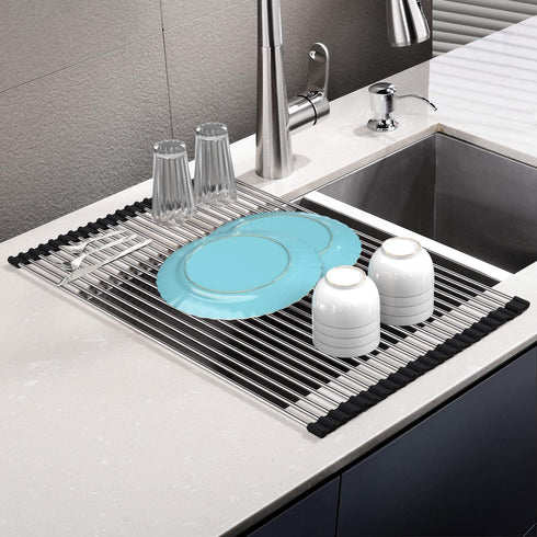 SunCleanse 17.8L—15W Roll Up Dish Drying Rack, Large Over Sink Dish Drying Rack Drainer, Multi-Use Stainless Steel Foldable Dish Rack for Kitchen Sink Countertop, Black