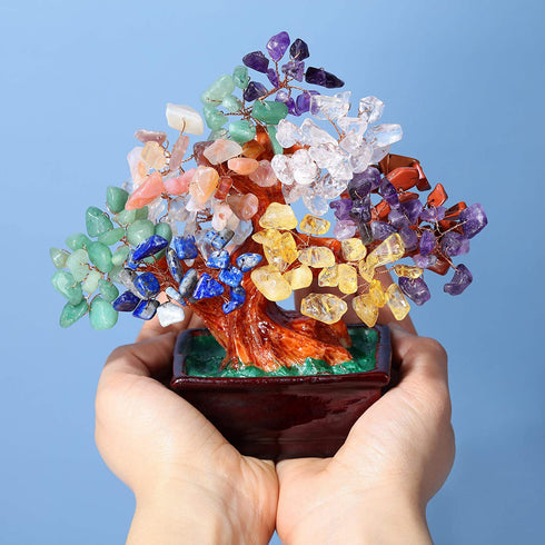 CrystalTears Chakra Crystal Money Tree Reiki Healing Crystal Gemstone Bonsai Tree Feng Shui Tree Ornament for Home Decor Wealth Good Luck 6.3"-6.6"