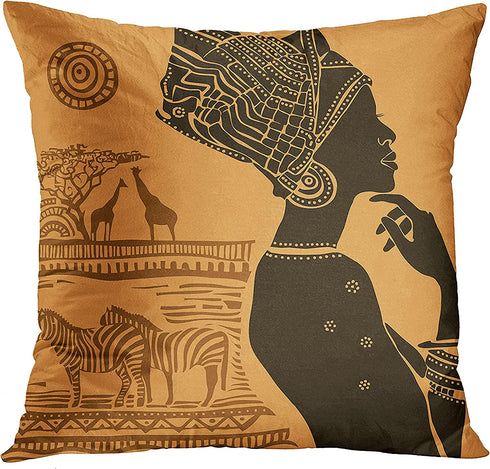 Emvency Set of 4 Throw Pillow Covers Retro Abstract Black and Brown Basket Zebra Giraffe African Women Ethnic Tribe Decorative Pillow Cases Home Decor Standard Square 18x18 Inches Pillowcases