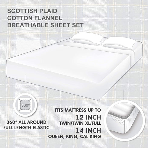 Comfort Spaces Cotton Flannel Breathable Warm Deep Pocket Sheets With Pillow Case Bedding, Twin, Scottish Plaid Green