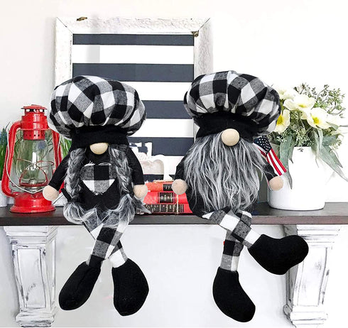 2 Pcs Buffalo Plaid Gnome Shelf Sitter,Farmhouse Gnome Plush Elf Decorations,Mr Gnome and Mrs Gnome Dolls, Handmade Elf Scandinavian Household Ornaments Kitchen Tiered Tray Décor