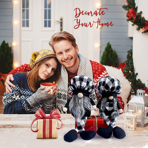 2 Pcs Buffalo Plaid Gnome Shelf Sitter,Farmhouse Gnome Plush Elf Decorations,Mr Gnome and Mrs Gnome Dolls, Handmade Elf Scandinavian Household Ornaments Kitchen Tiered Tray Décor