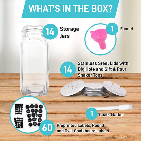 Spice Jars - Spice Containers - Spice Jar - 14 Square Glass Spice Bottles (4 oz) with 60 Chalkboard Labels, Chalk Marker, Stainless Steel Lid, Shaker Insert Tops, Funnel - Complete Organizer Set