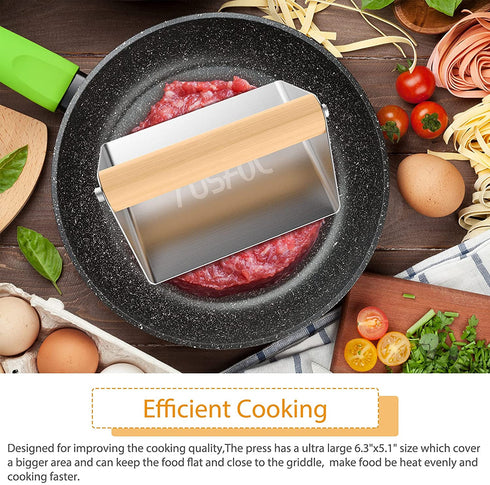 RUSFOL Large Stainless Steel Grill Smasher with a Stainless Steel Griddle Spatula, Heavy Duty Bacon Press,Wooden Handle Burger Smasher, No Rust,Easy to Maintain&Use, Good for Indoor&Outdoor use