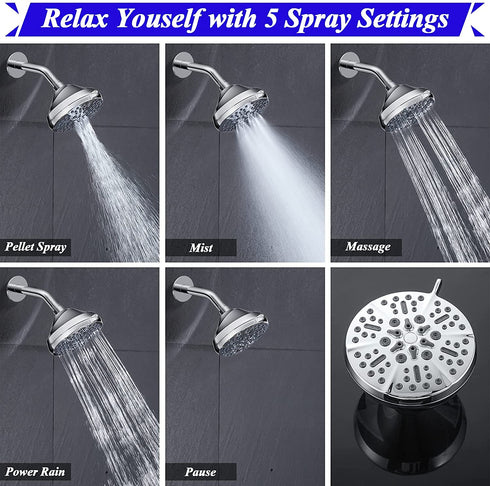 High Pressure Shower Head - Rain Shower Head 5 Inches 5 Spray Settings Fixed Bathroom Shower Head - Diiwet High Flow Shower Head with Adjustable Brass Ball Joint