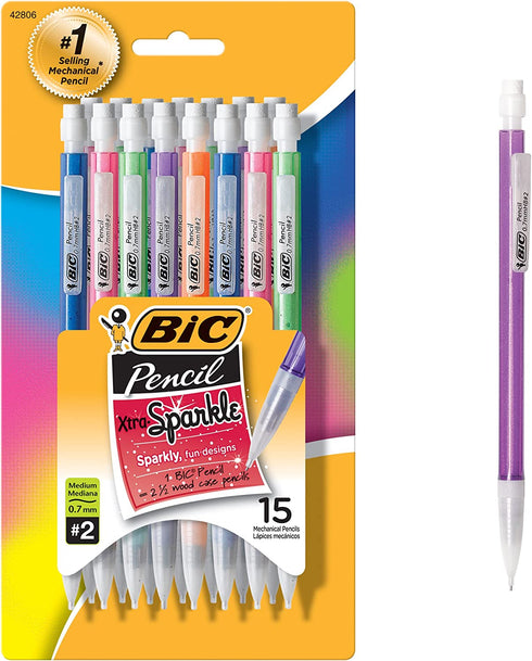 BIC Xtra-Sparkle Mechanical Pencil, Medium Point (0.7mm), Fun Design With Colorful Barrel, 15-Count
