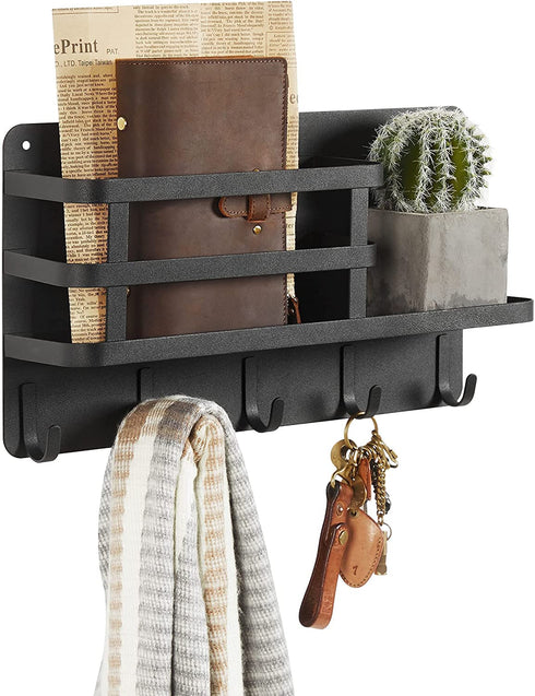 SONGMICS Key Holder for Wall, Wall Mounted Mail Organizer, Metal Floating Shelf with 5 Hooks, Wall Key Hook for Entryway, Key Hanger for Wall, Living Room, Hallway, Mudroom, Kitchen, Black UHCH315B01