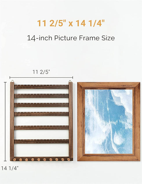Mymazn Easy Assemble Solid Walnut Wood Earring Wall Holder Hanging Jewelry Organizer Necklace Holder Earring Hanger Wall Mount Jewelry Organizer for Necklaces Rings Scruncies Organization