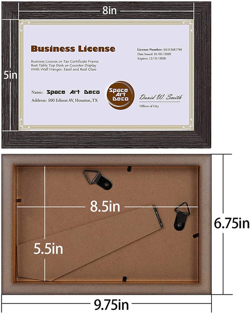 Space Art Deco 5.5x8.5 Dark Brown Textured Frame - Easel Stand - D-Ring Hangers - for Business License and Certificates - Desk/Table Top Display - Glass (Dark Brown)