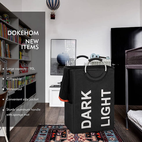 DOKEHOM 90L X-Large Linen Double Laundry Hamper, Collapsible Washing Basket, Foldable Clothes Bag - Durable and Easy to Clean (Black)