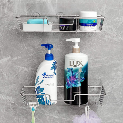 iPEGTOP Shower Caddy Basket with Hooks Soap Dish Holder Shelf for Shampoo Conditioner Bathroom Kitchen Storage Organizer SUS304 Stainless Steel Adhesive No Drilling - 3 Pack