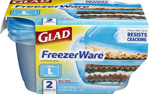 Gladware Freezerware Food Storage Containers, Large | Rectangle Food Storage Containers for Everyday Use | Food Containers Safe for Freezer, Hold up to 64 Ounces of Food, 2 Count Set