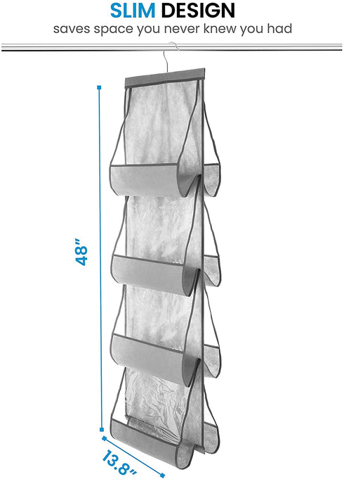 Zober Hanging Purse Organizer For Closet Clear Handbag Organizer For Purses, Handbags Etc. 8 Easy Access Clear Vinyl Pockets With 360 Degree Swivel Hook, Gray, 48? L x 13.8? W