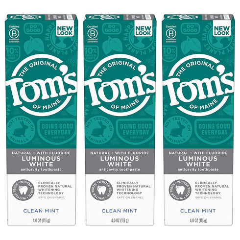 Tom's of Maine Natural Luminous White Toothpaste with Fluoride, Clean Mint, 4.0 oz. 3-Pack (Packaging May Vary)