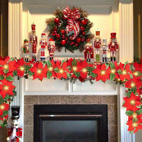 Dazzle Bright 7 FT Christmas Poinsettia Flowers Garland Decorations, 10 LED Lighted Artificial Velvet String Lights with Red Berries Holly Leaves, Xmas Ornaments for Indoor Outdoor Fireplace Decor