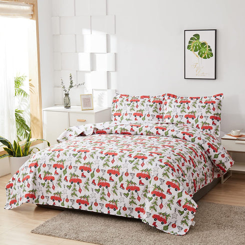 Kids Quilts Set King Size, Boy Tree Bedding Lightweight Reversible Red Bus Cartoon Bedspread Coverlet Gift Teens Child Holiday Decor (Red White, King)