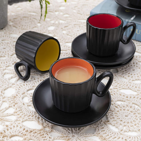 4 Ounce Espresso Set of 6 Cups with Saucers by Bruntmor - Demitasse Cups, Perfect for Espresso, Cappuccino, Coffee Latte (Matte Black)